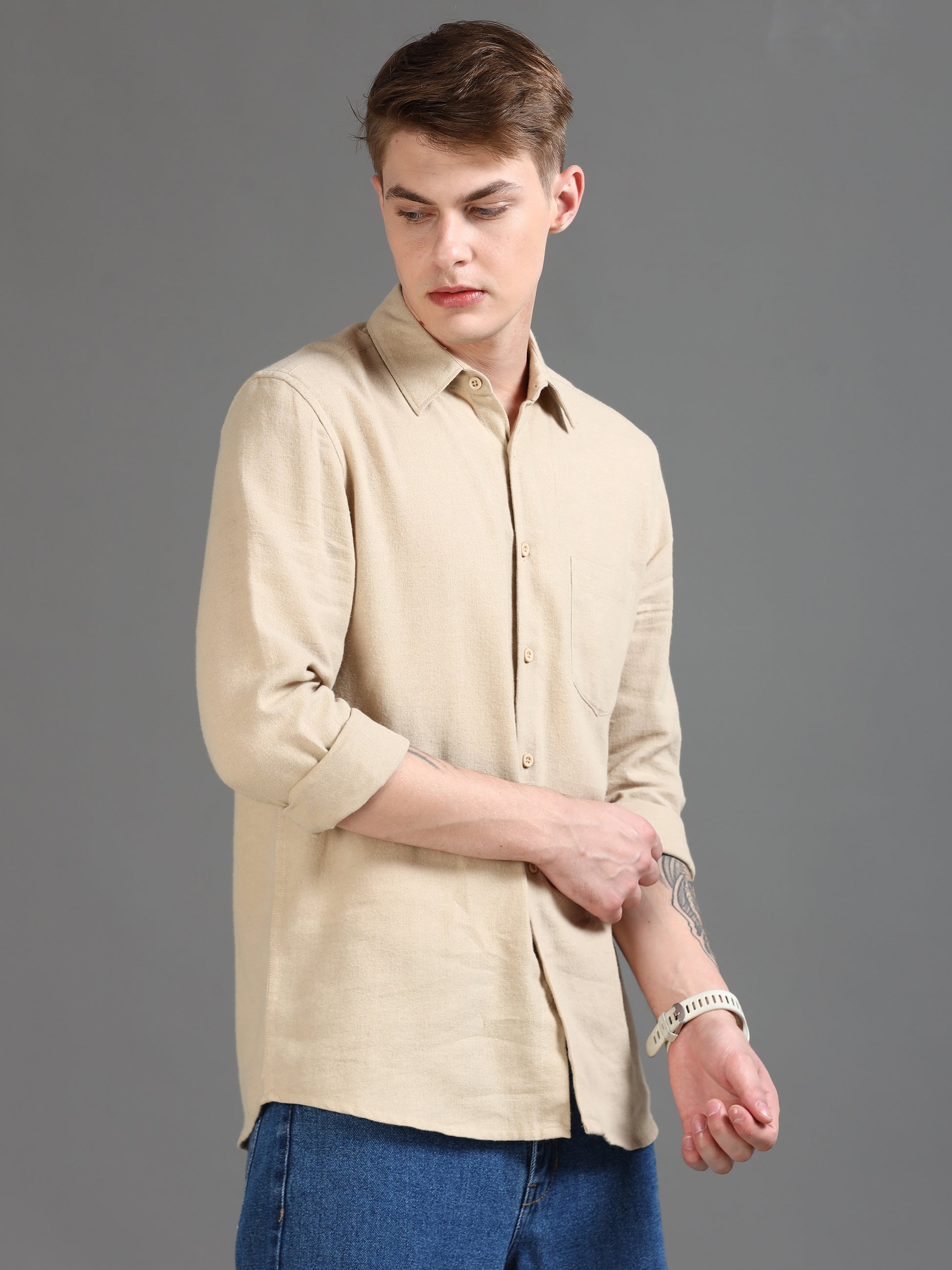 Classic Solid Men's Beige Shirt 