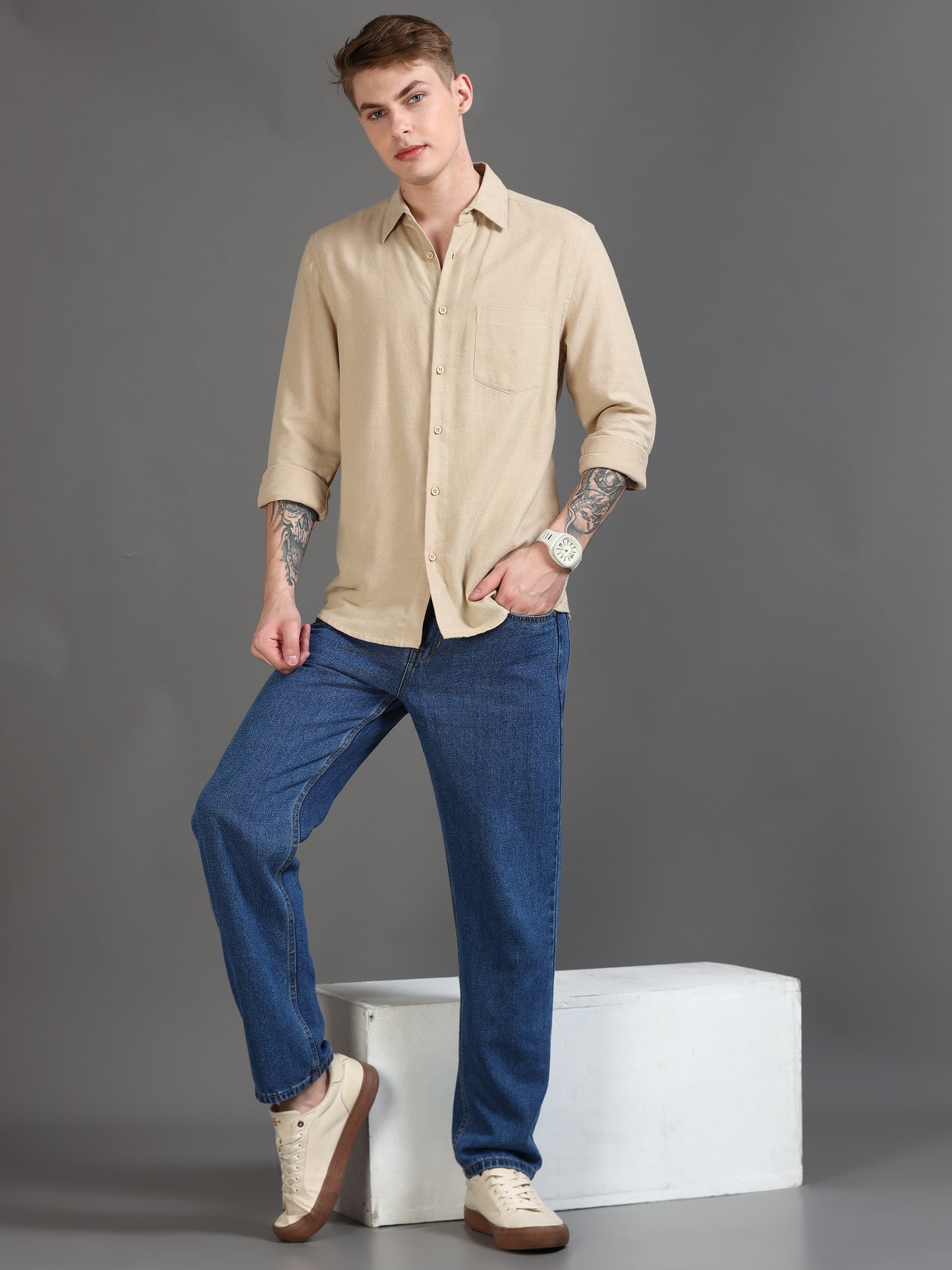 Classic Solid Men's Beige Shirt 