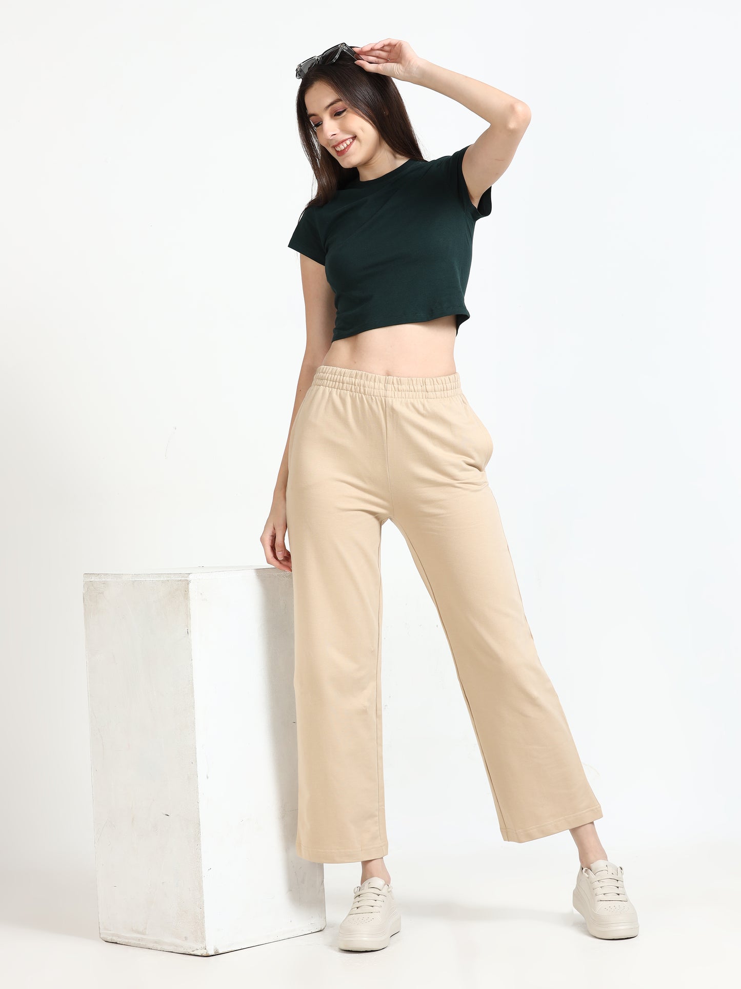 Women High Waist Flared Trousers Beige