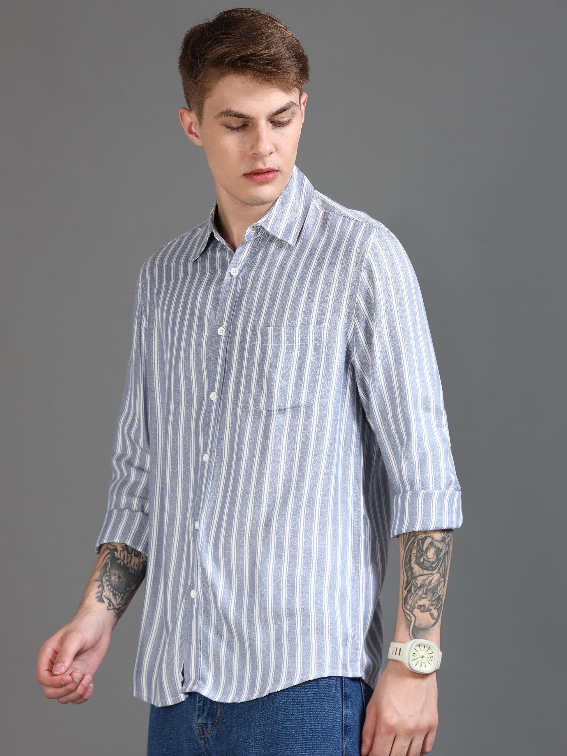  Light Blue and White Striped Shirt for Men