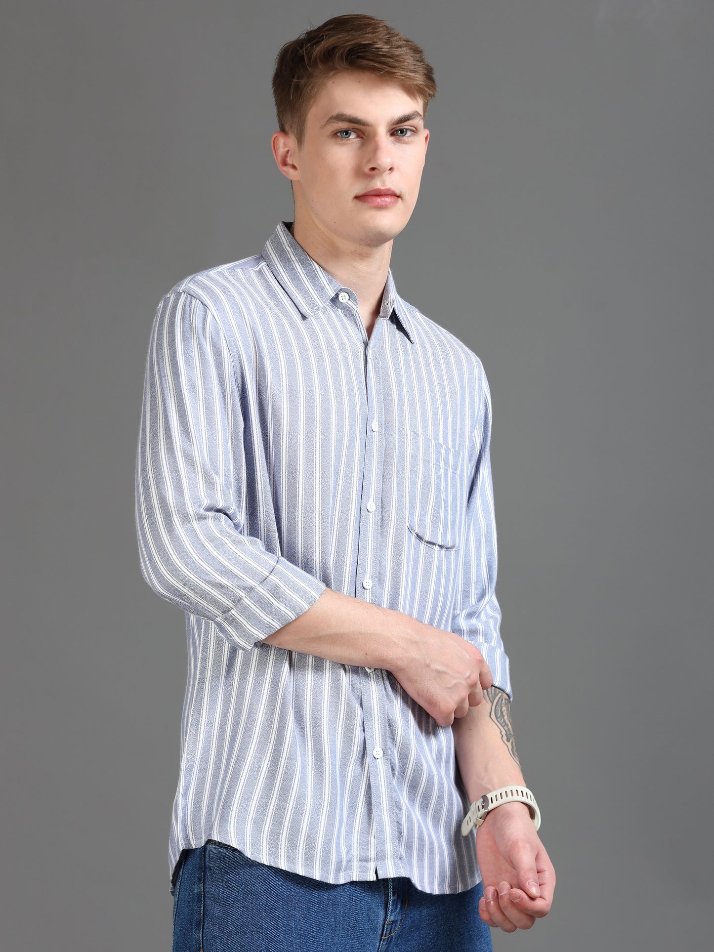  Light Blue and White Striped Shirt for Men