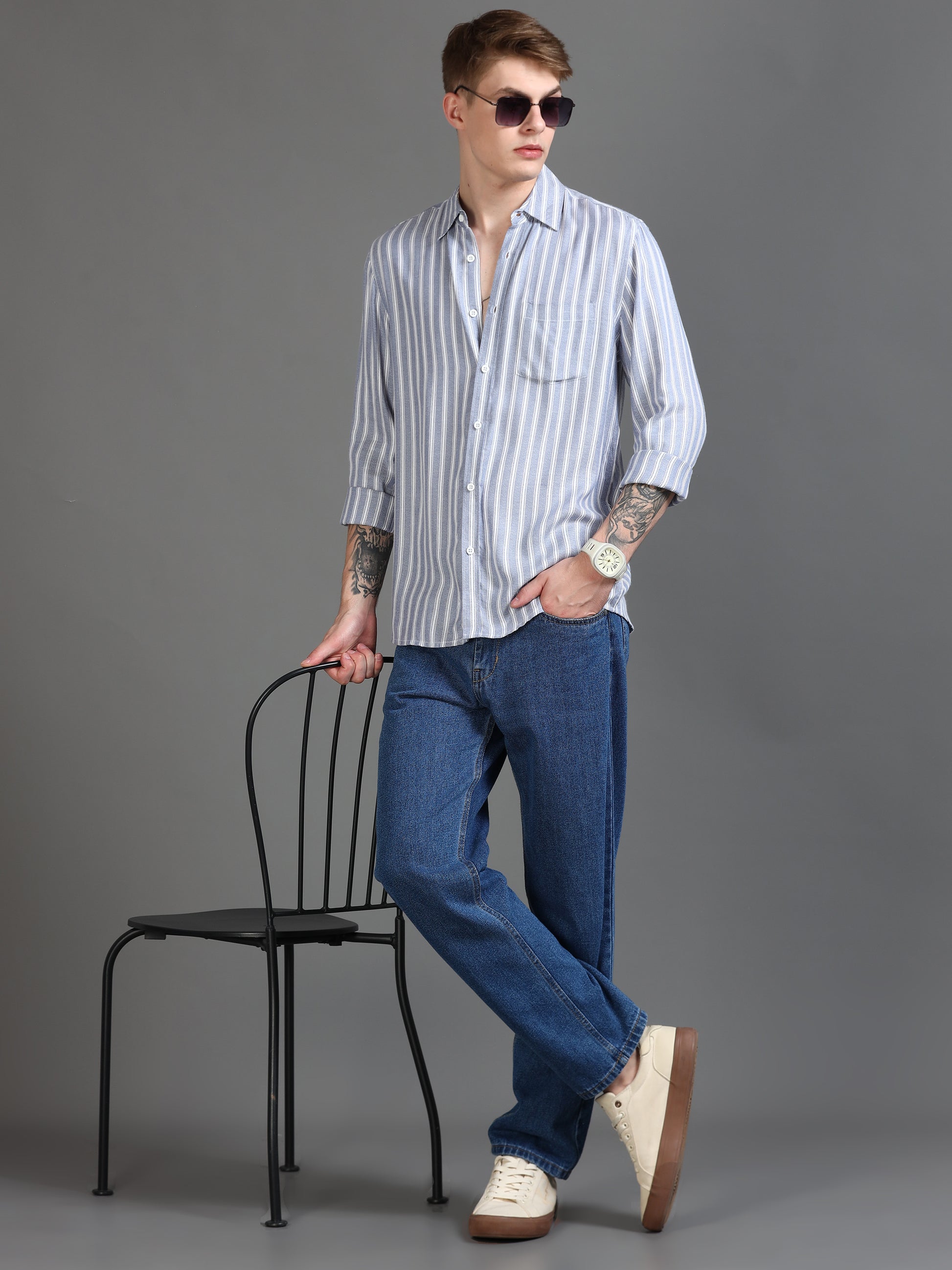  Light Blue and White Striped Shirt for Men