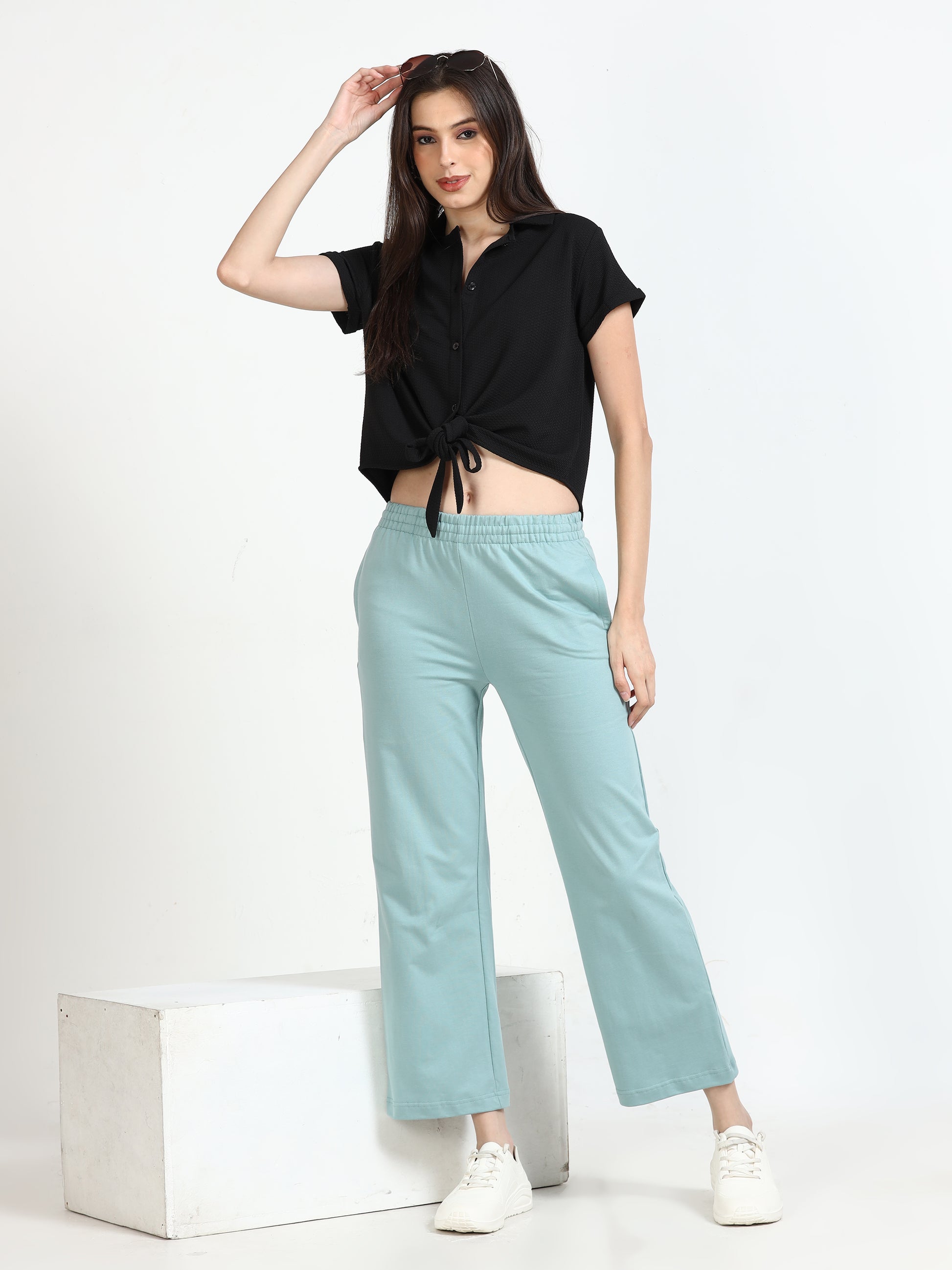 Women High Waist Flared Sky Blue Pant 