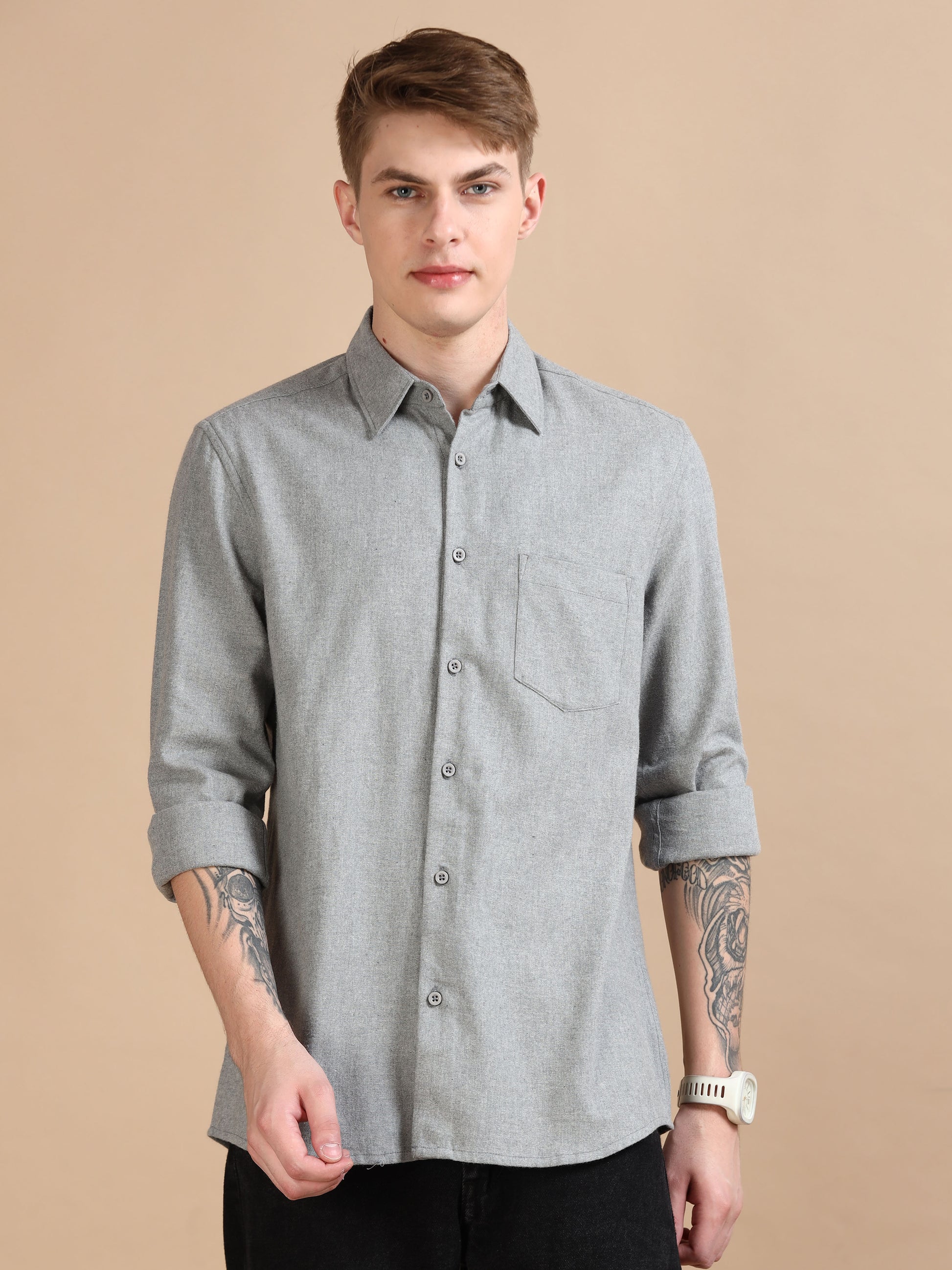 Classic Solid Men Grey Shirt