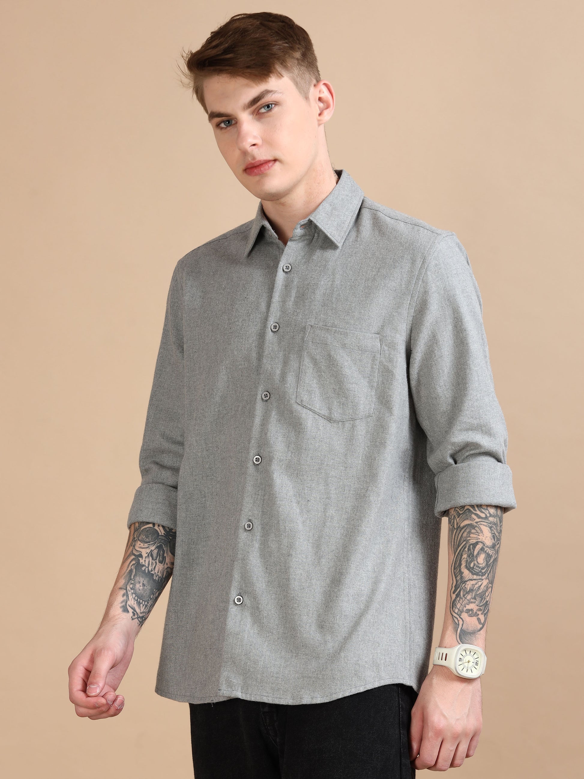 Classic Solid Men Grey Shirt