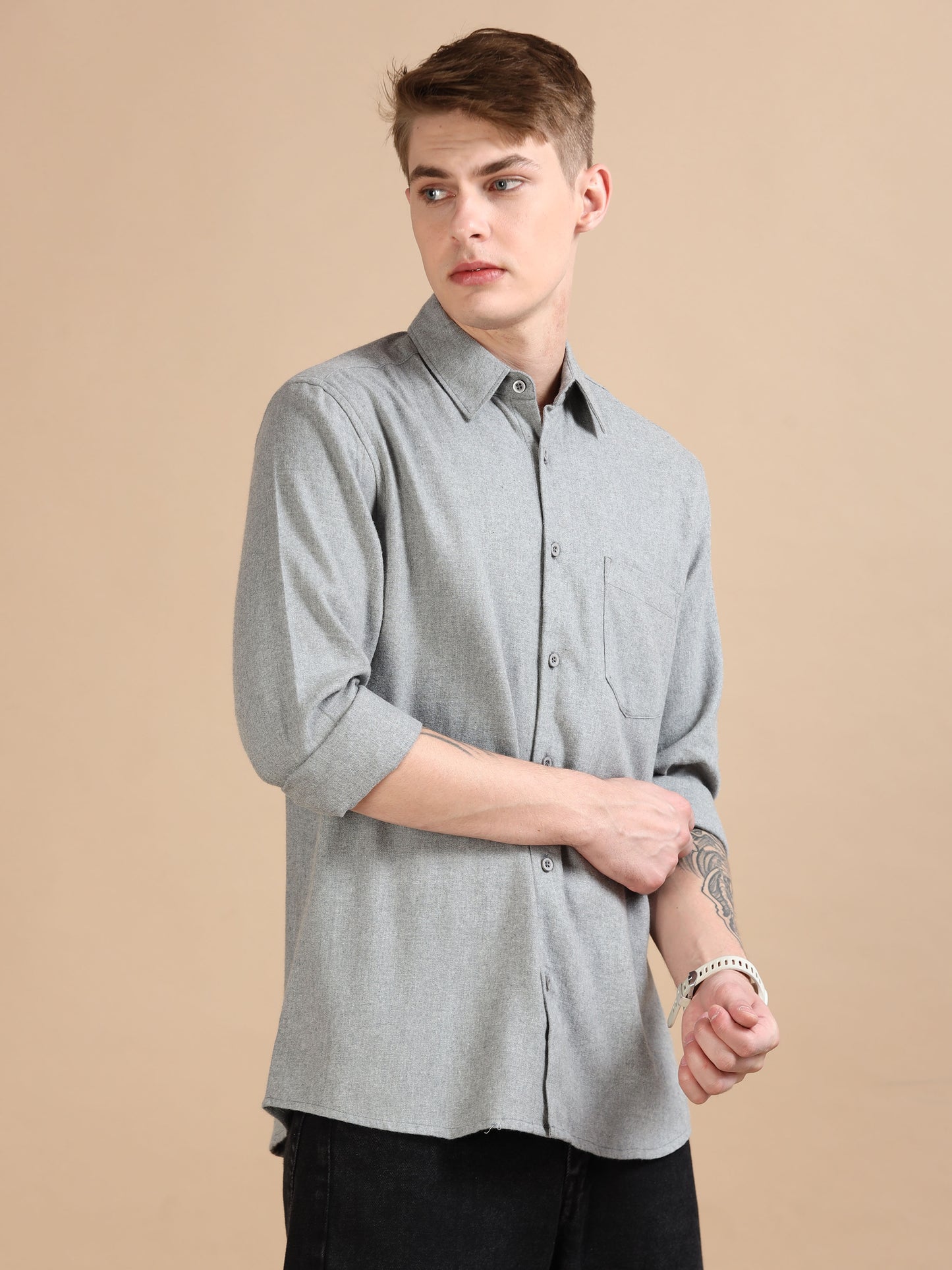 Classic Solid Men Grey Shirt