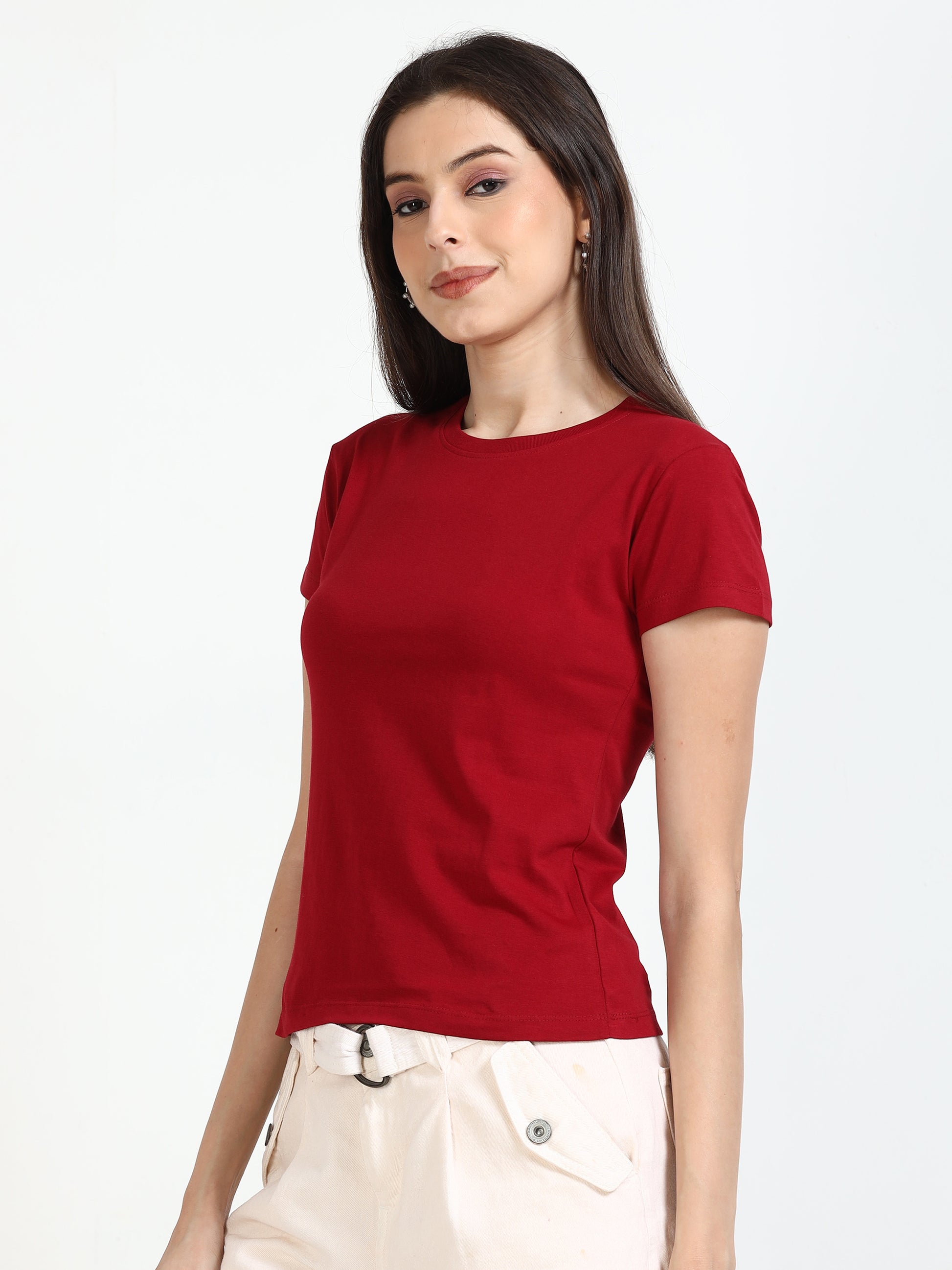  Crew Neck Solid Women Red t Shirt 