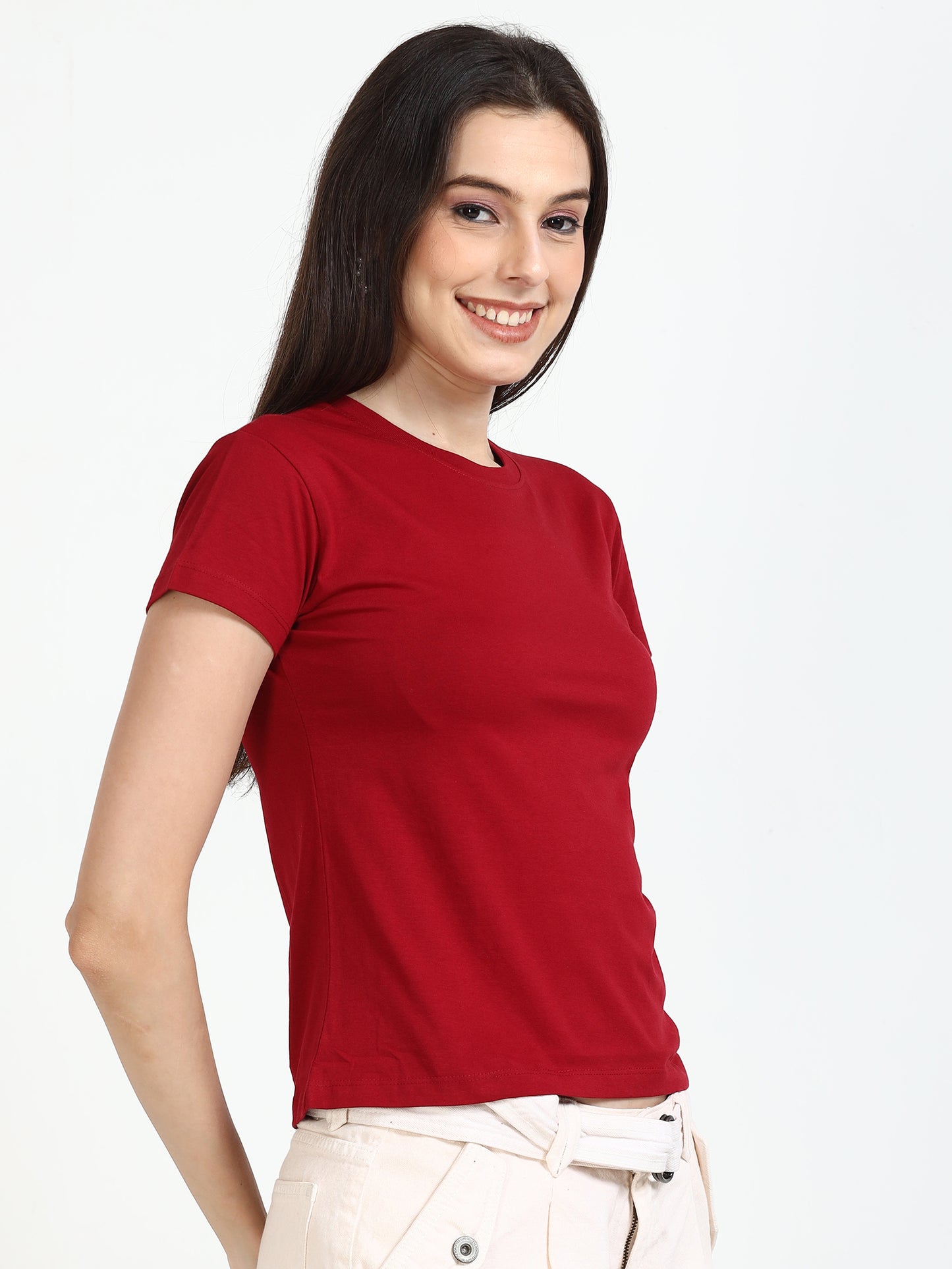  Crew Neck Solid Women Red t Shirt 