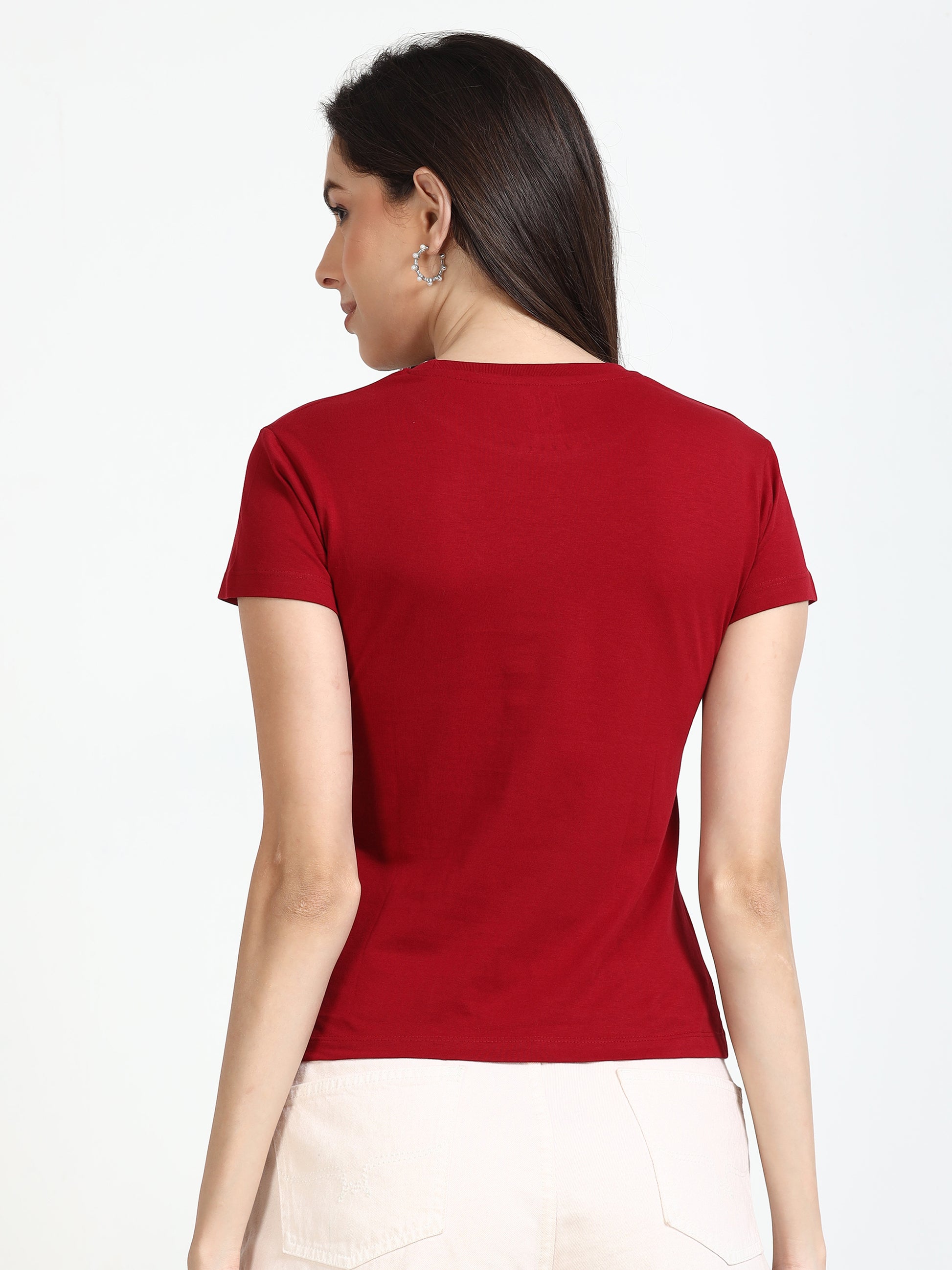  Crew Neck Solid Women Red t Shirt 