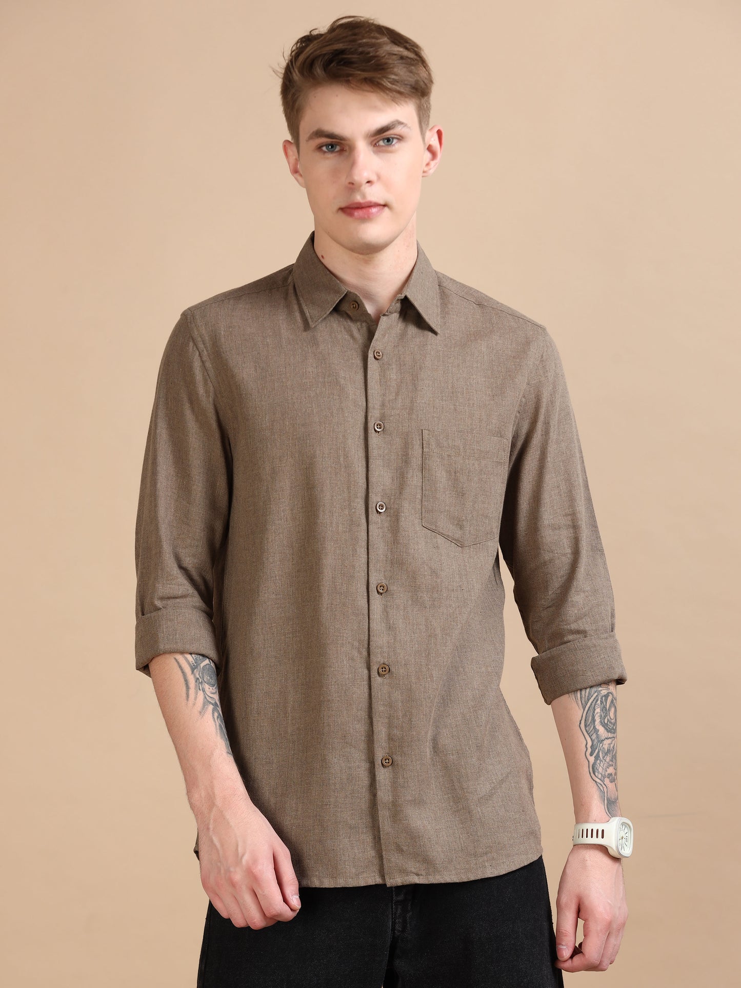 Classic Grey Brown Solid Shirt For Men 