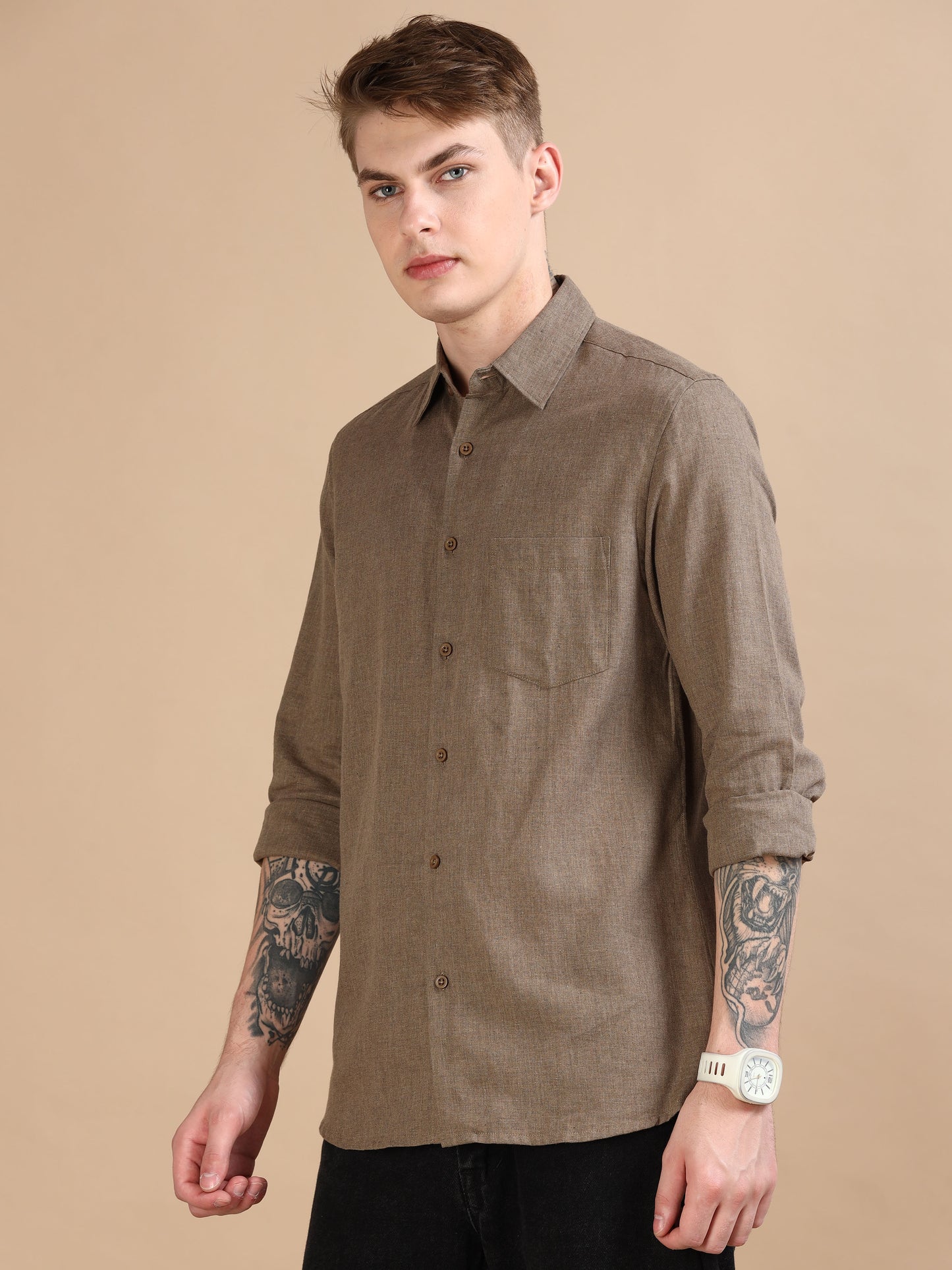 Classic Grey Brown Solid Shirt For Men 