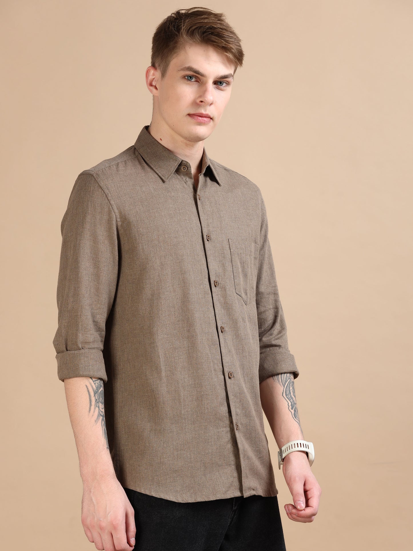 Classic Grey Brown Solid Shirt For Men 