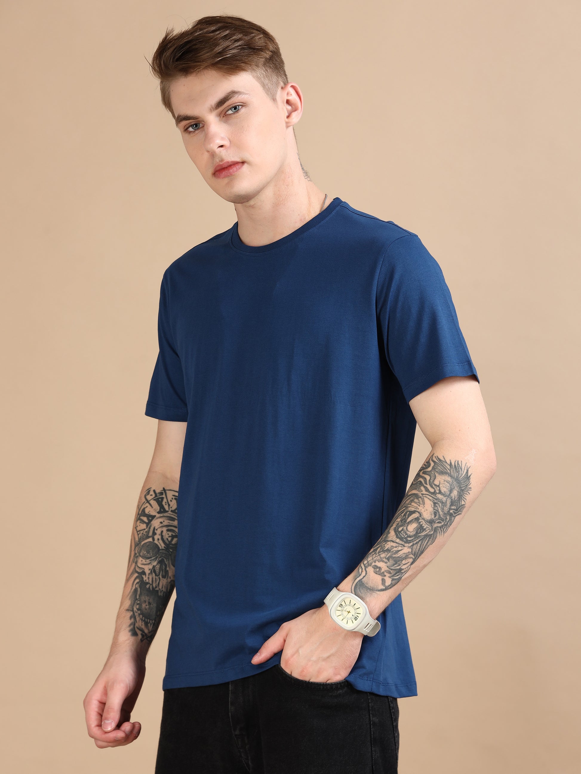 Crew Neck Navy T-Shirt For Men