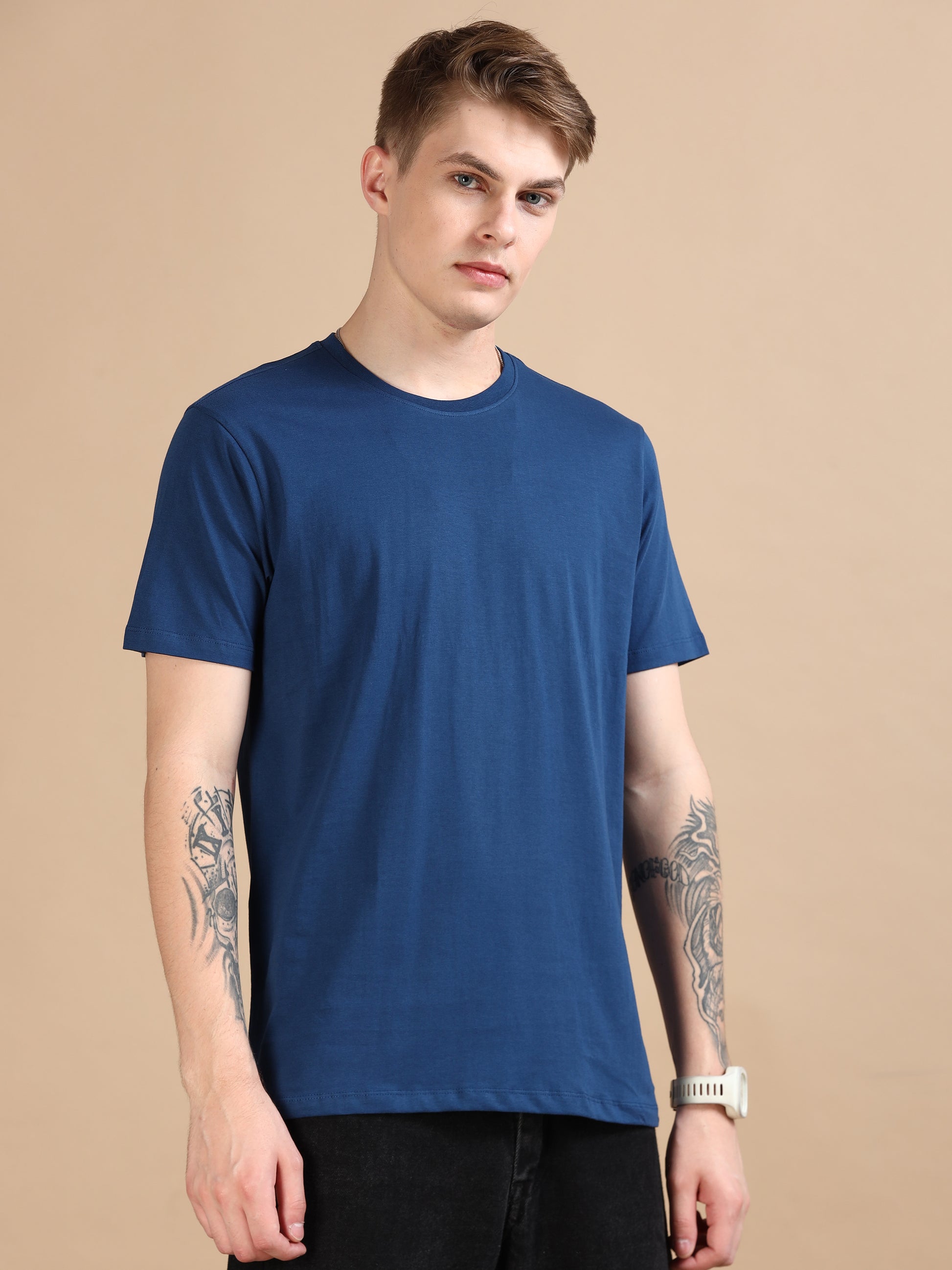 Crew Neck Navy T-Shirt For Men