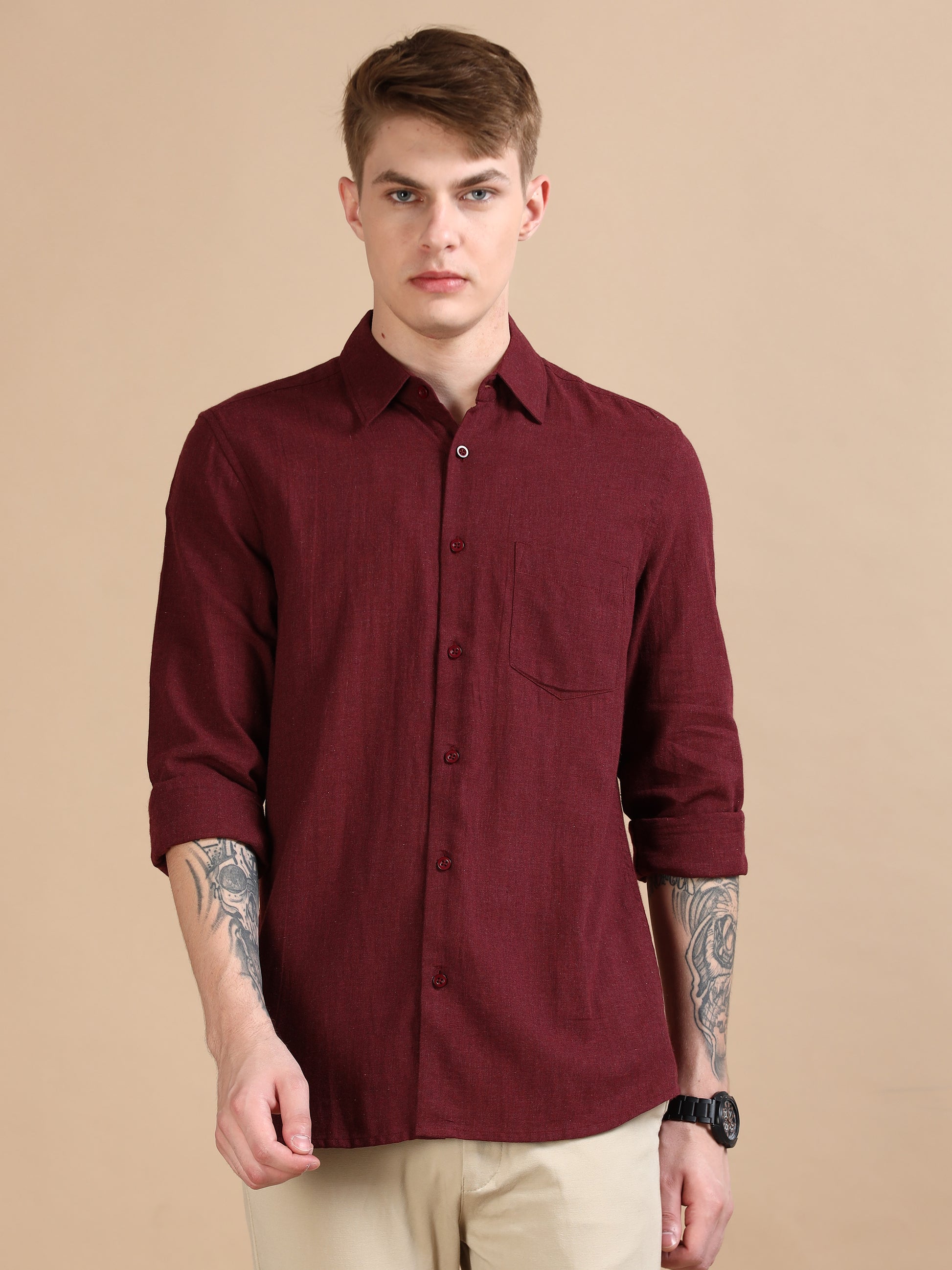  Classic Grey Maroon Solid Colour Shirt For Men