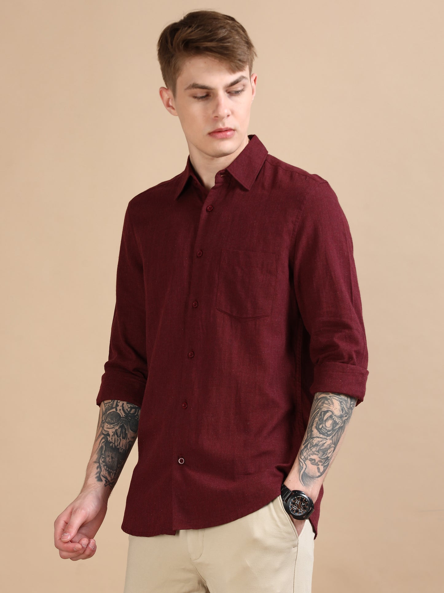  Classic Grey Maroon Solid Colour Shirt For Men