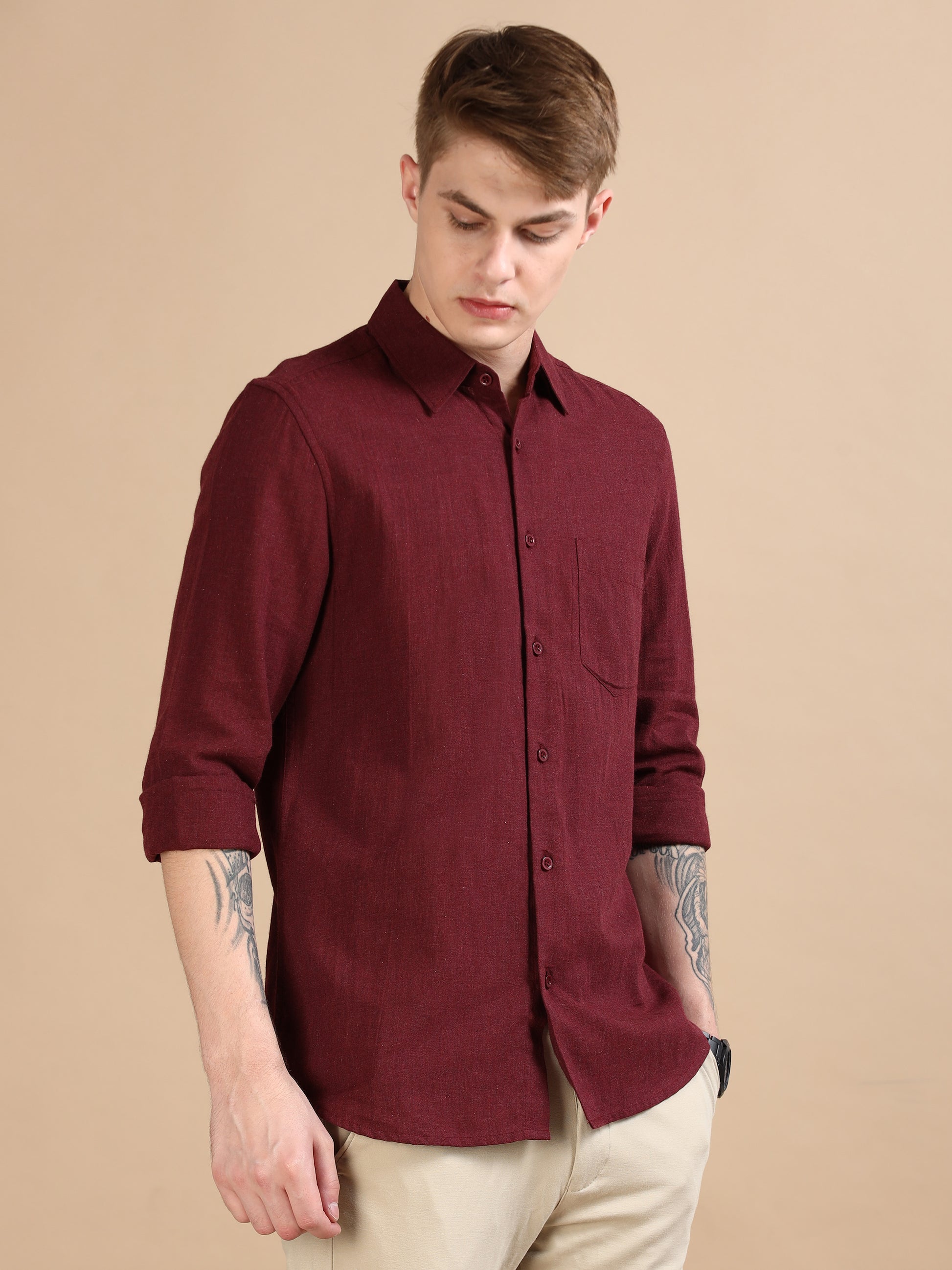  Classic Grey Maroon Solid Colour Shirt For Men