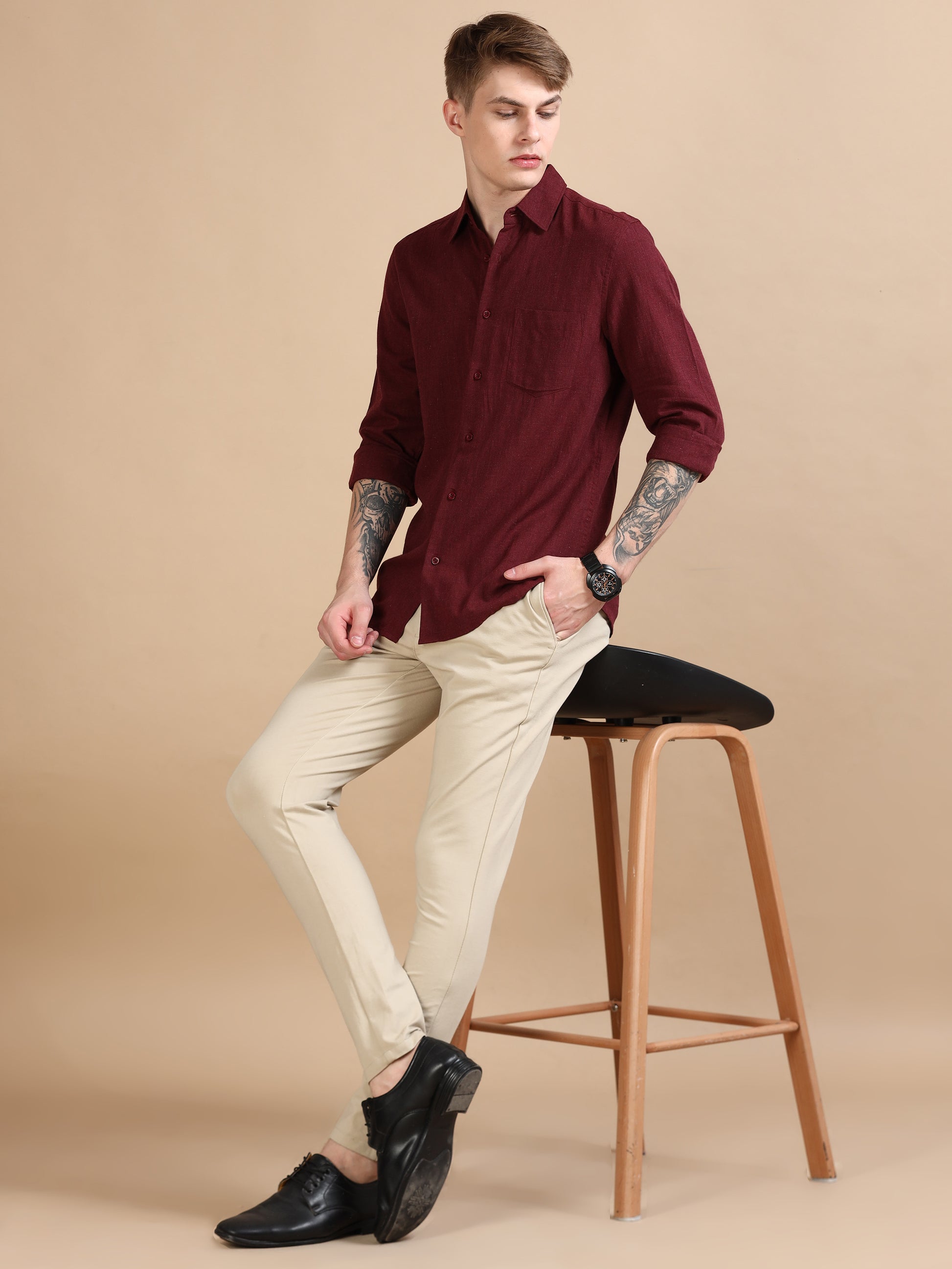  Classic Grey Maroon Solid Colour Shirt For Men