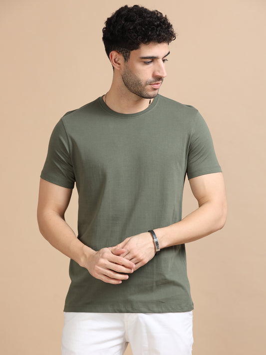 Crew Neck Olive Green T-Shirt For Men