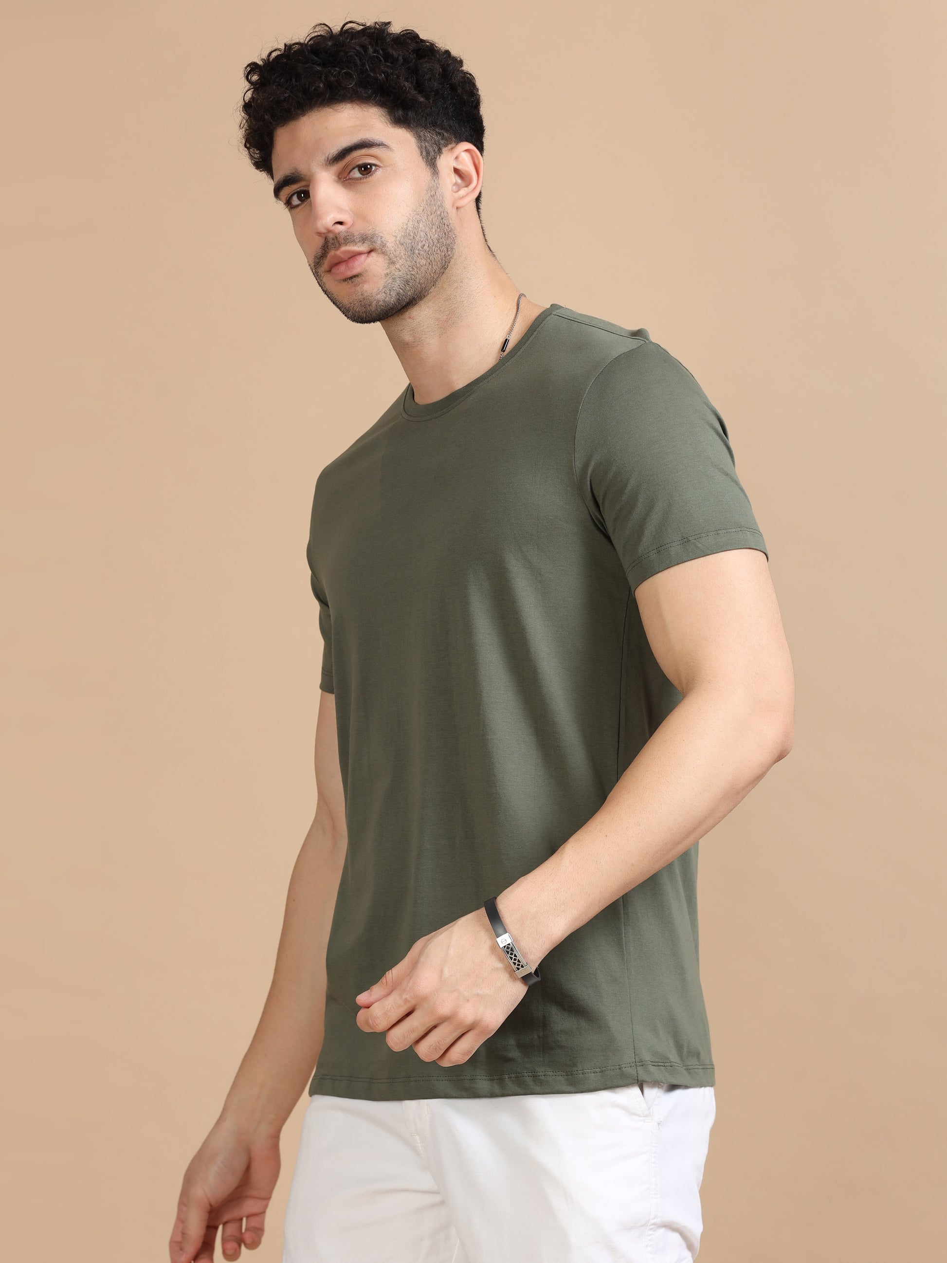 Crew Neck Olive Green T-Shirt For Men