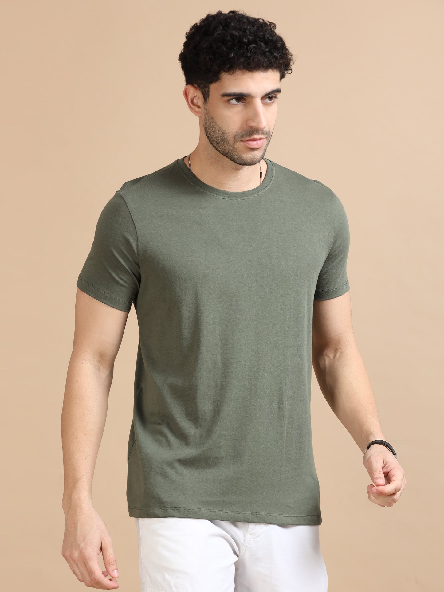 Crew Neck Olive Green T-Shirt For Men