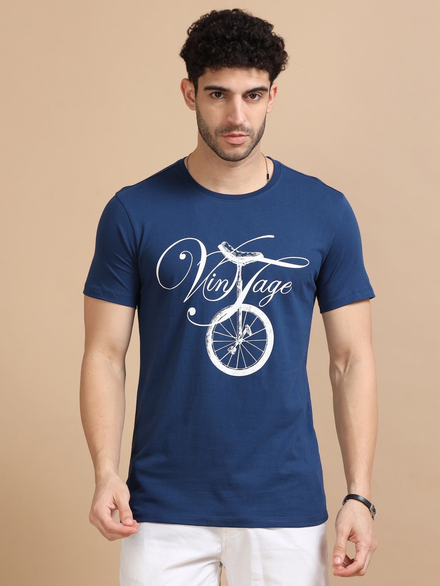 Navy Vintage Printed T Shirt For Men