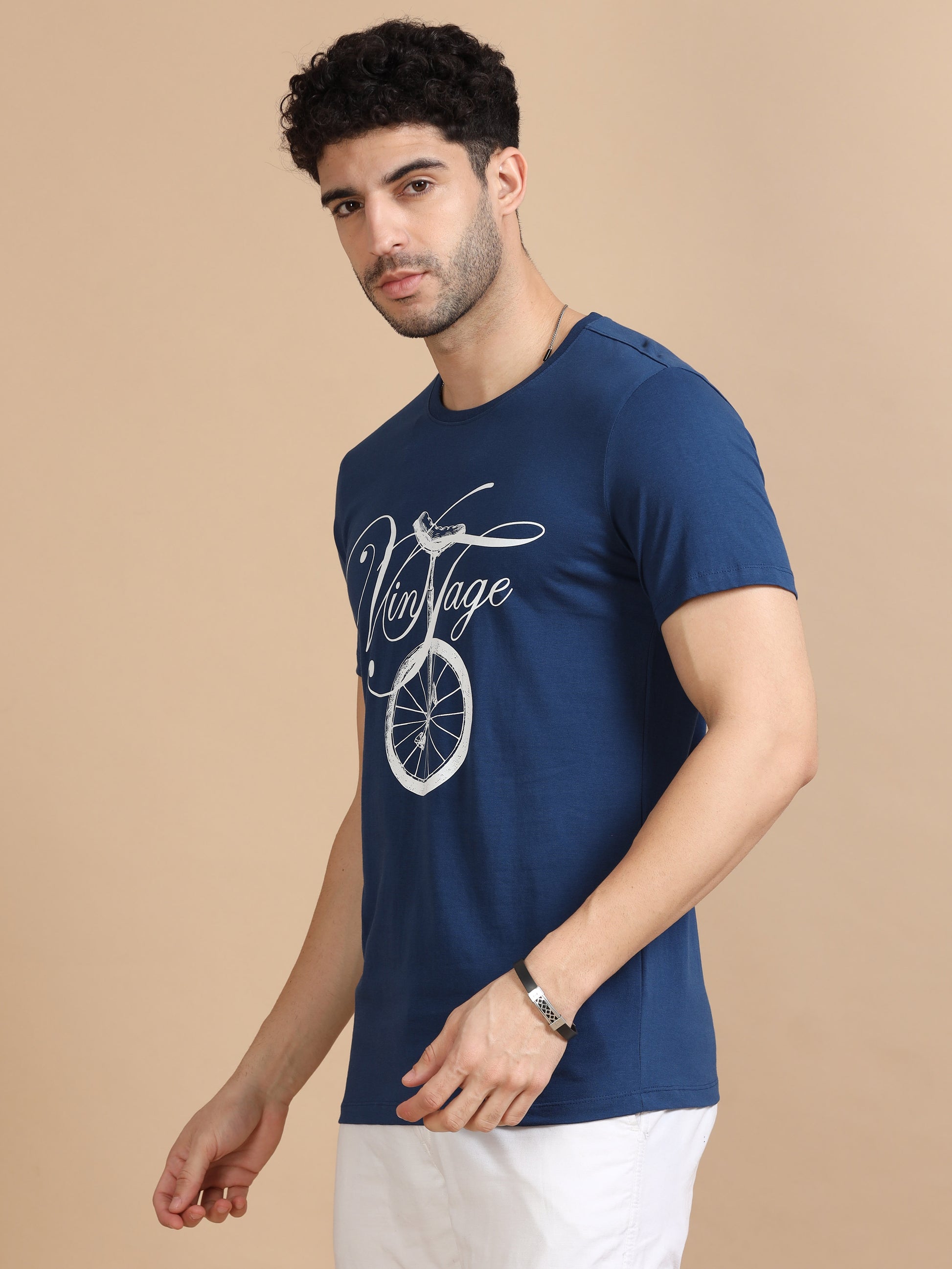 Navy Vintage Printed T Shirt For Men