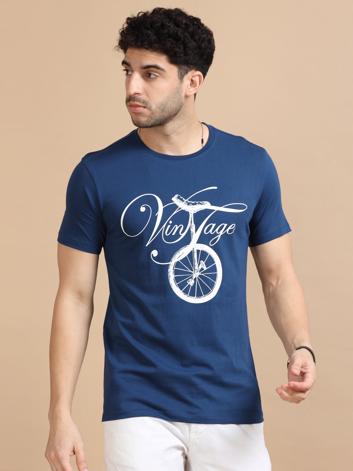 Navy Vintage Printed T Shirt For Men