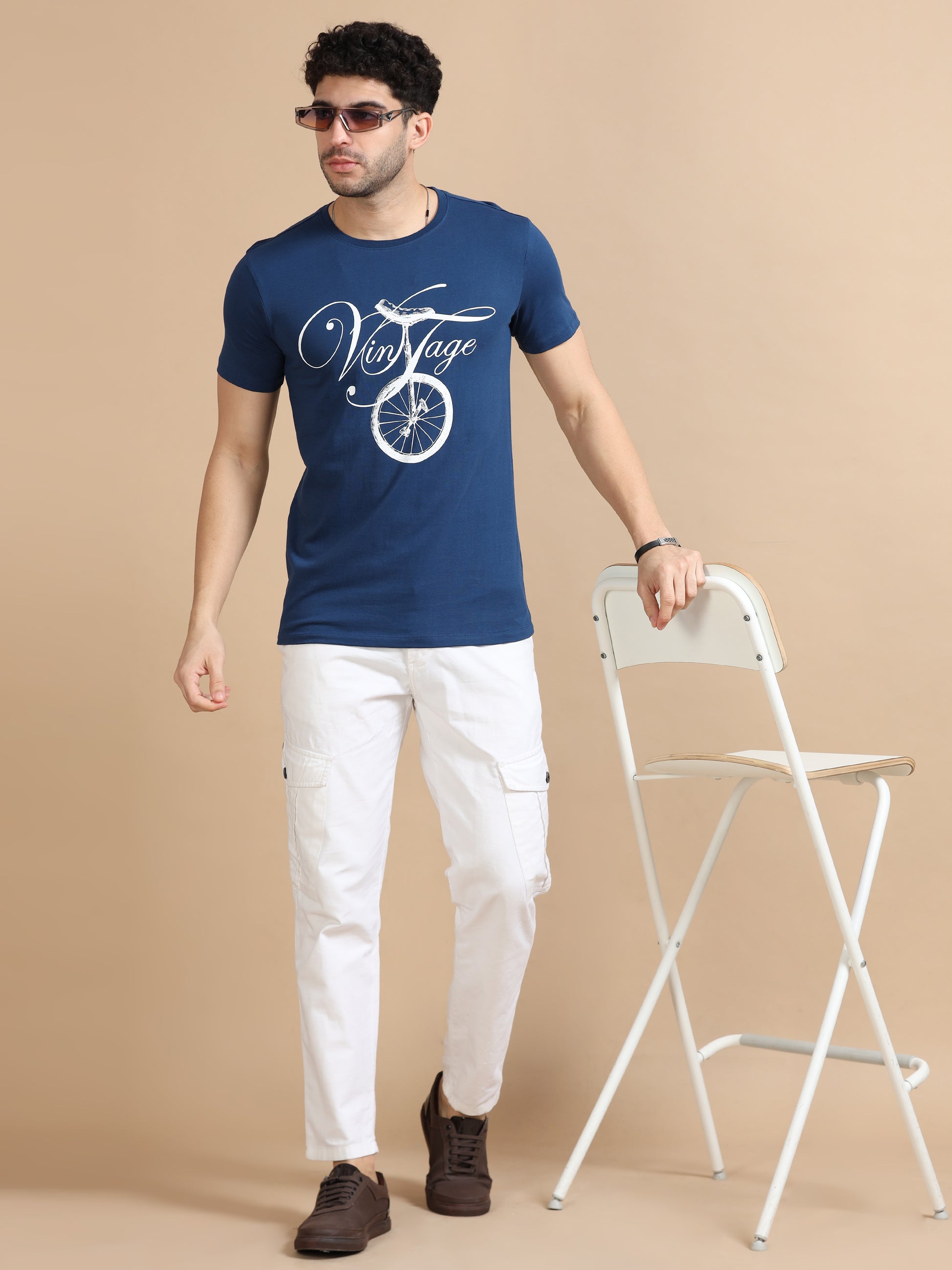 Navy Vintage Printed T Shirt For Men