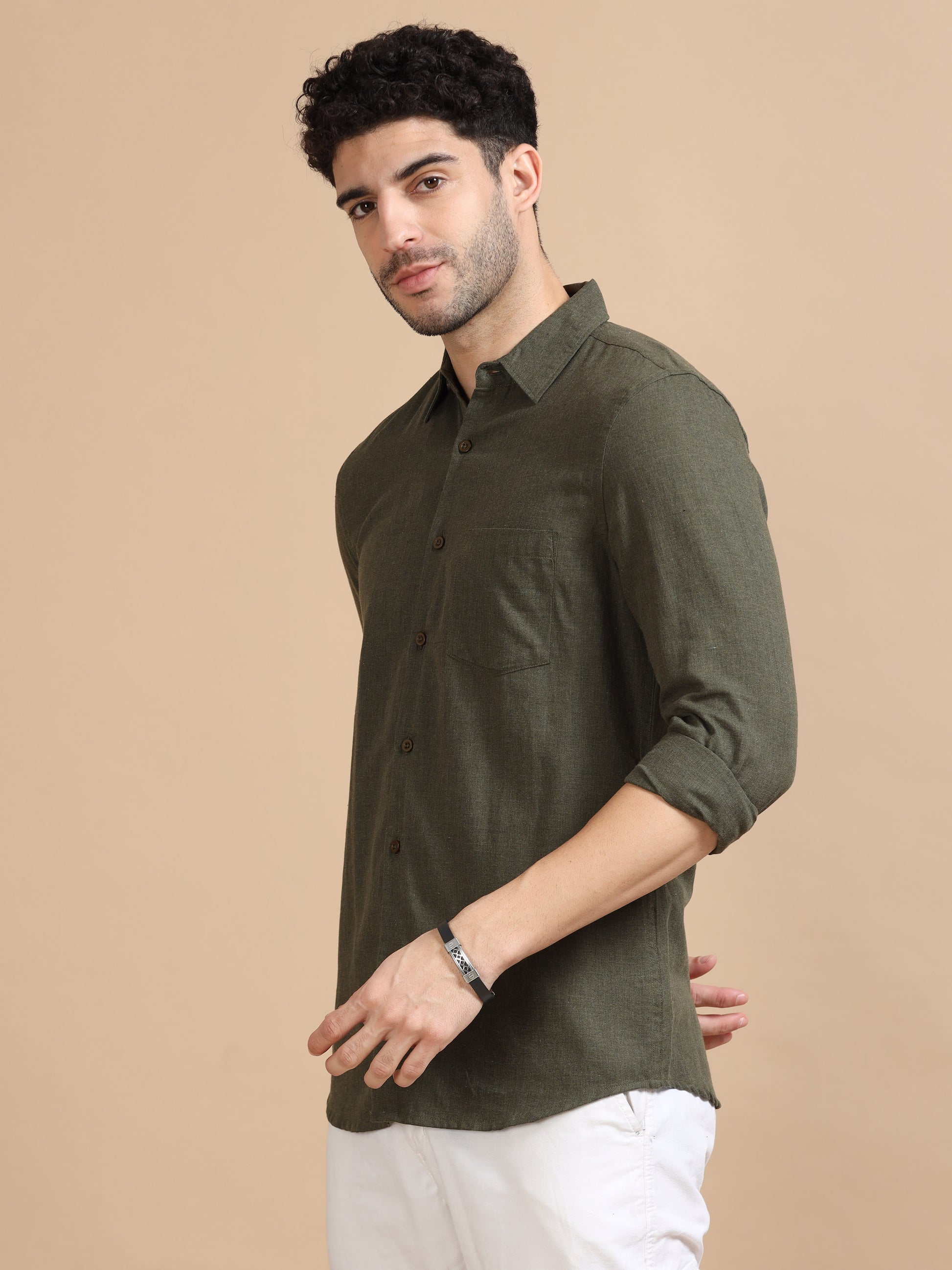 Classic Solid Men Dark Olive Shirt 