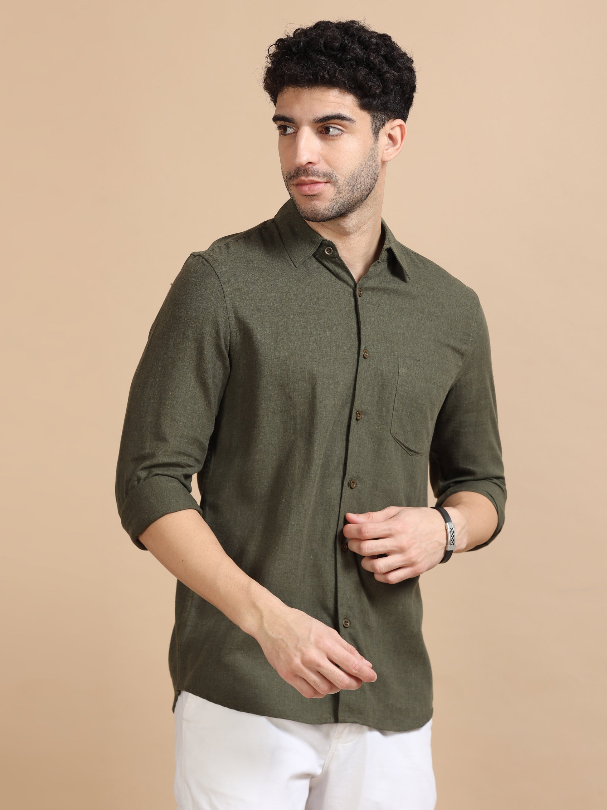 Classic Solid Men Dark Olive Shirt 