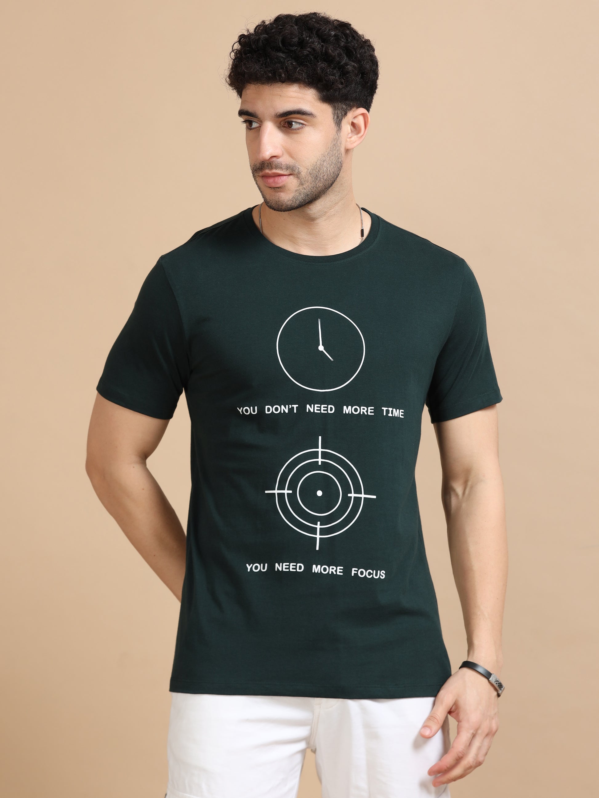 Dark Green Printed Time T Shirt For Men