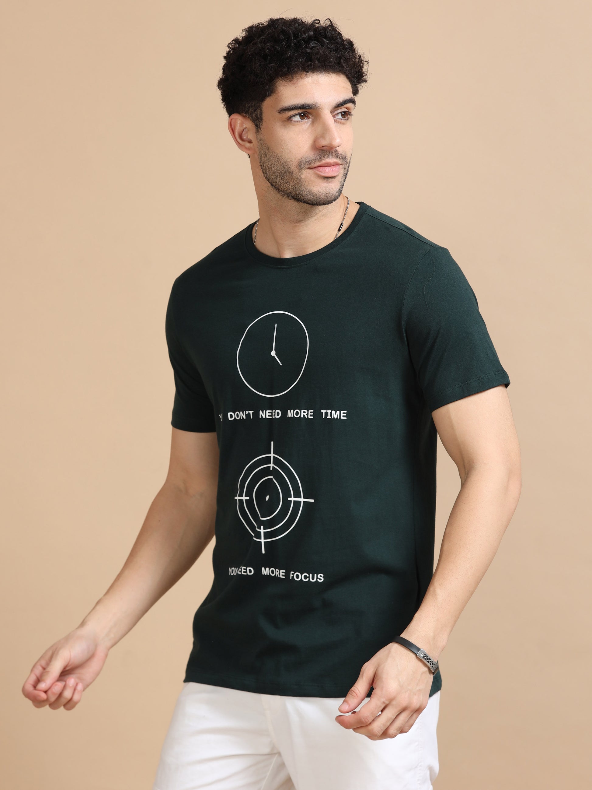 Dark Green Printed Time T Shirt For Men