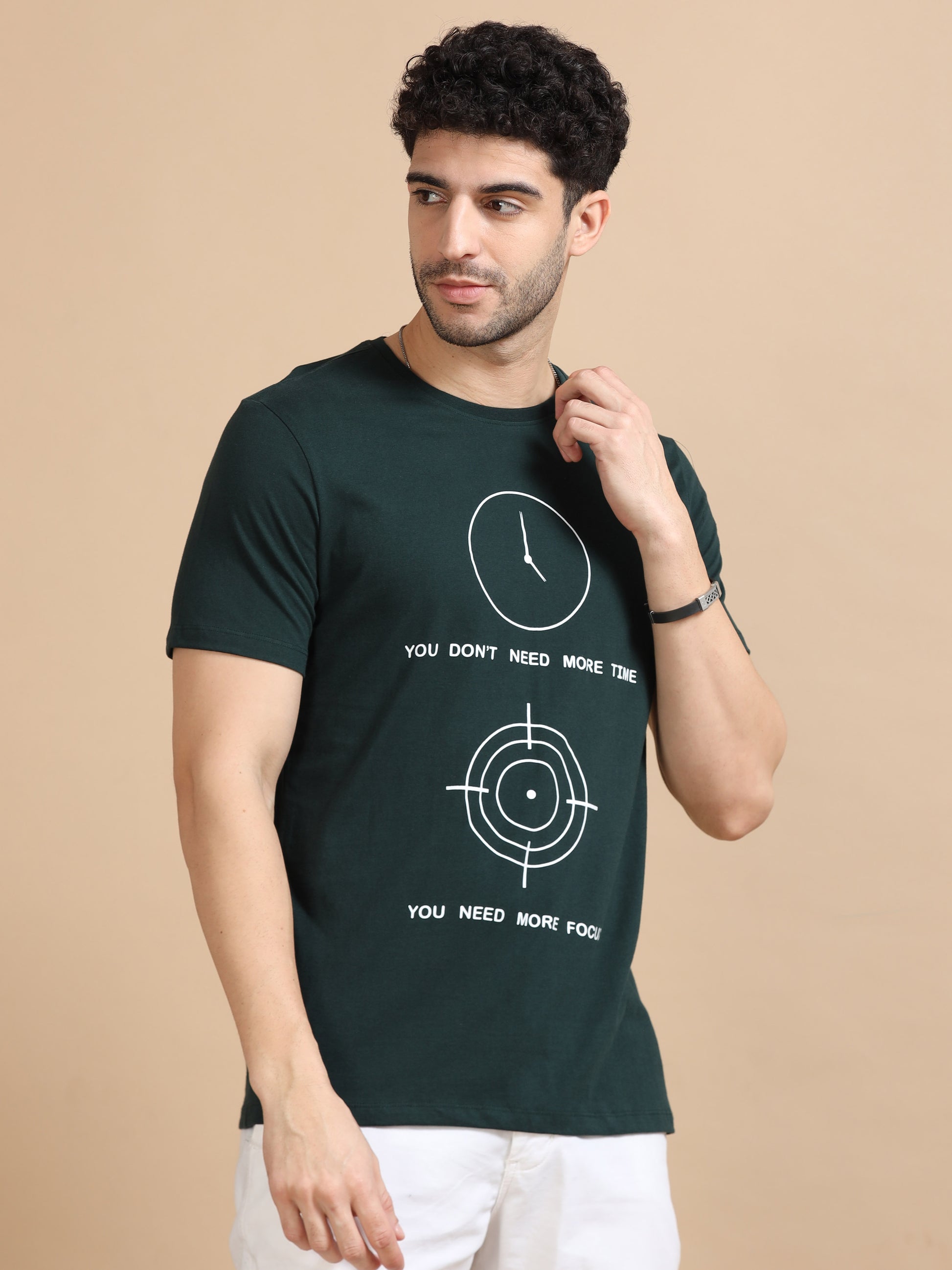 Dark Green Printed Time T Shirt For Men