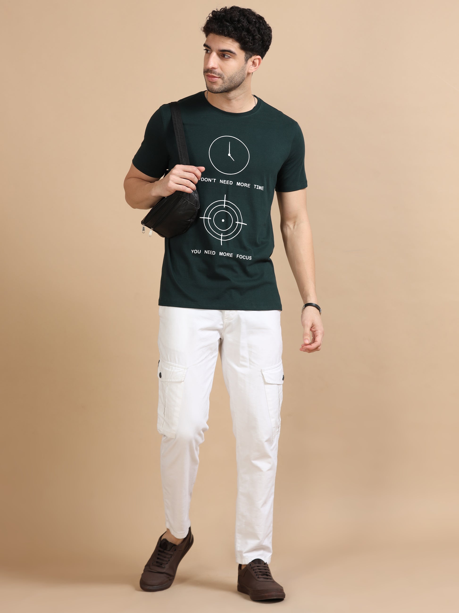 Dark Green Printed Time T Shirt For Men