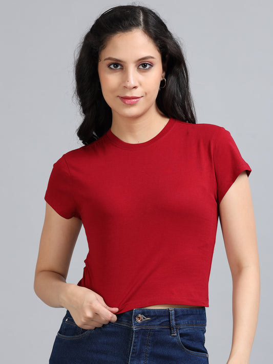 Crew Neck Women Red Crop T Shirt