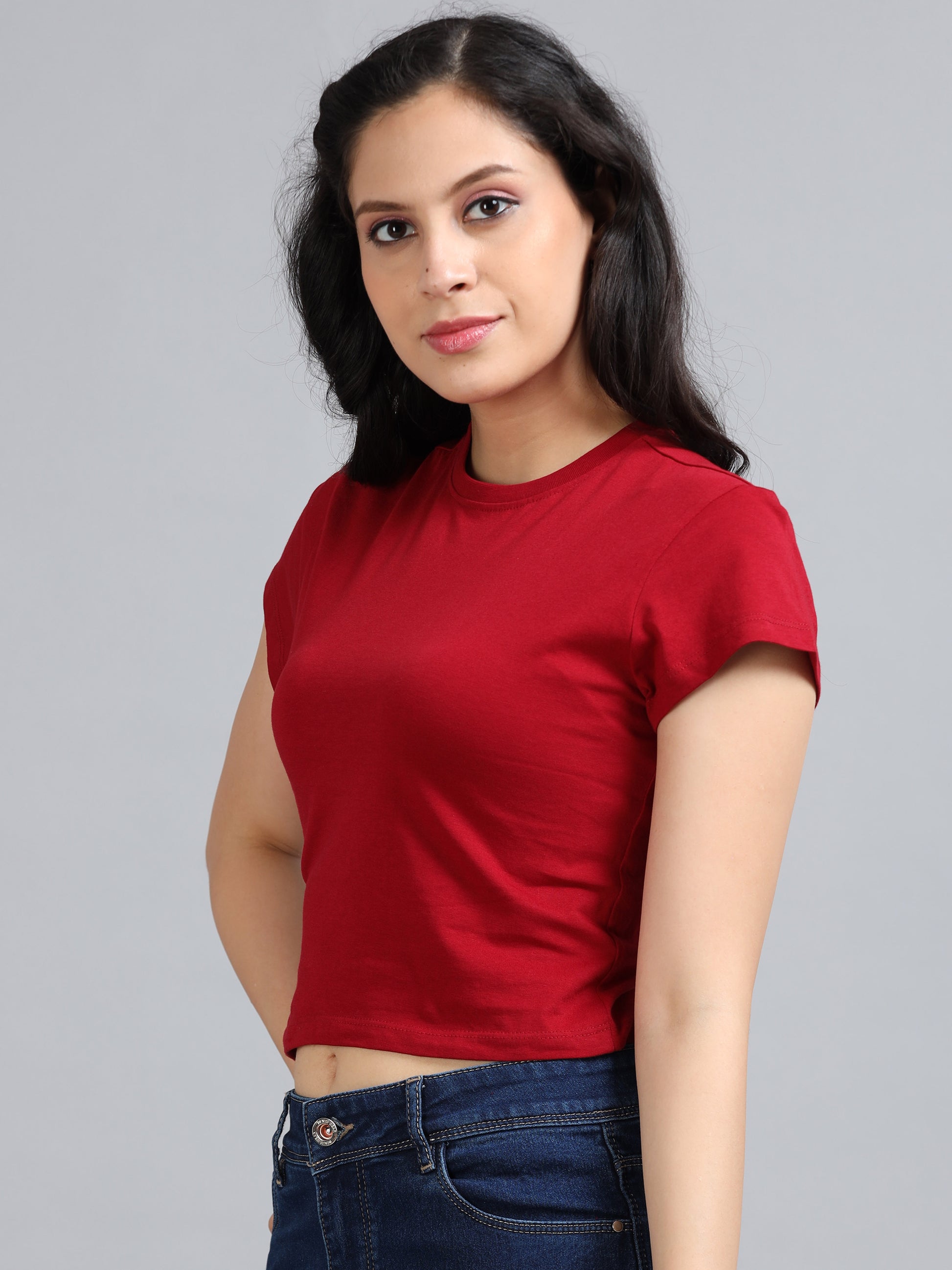 Crew Neck Women Red Crop T Shirt