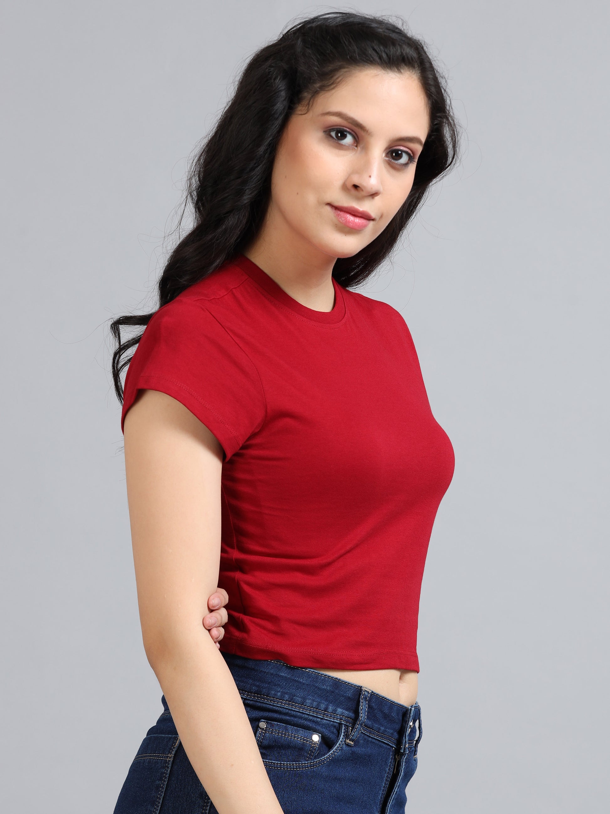 Crew Neck Women Red Crop T Shirt